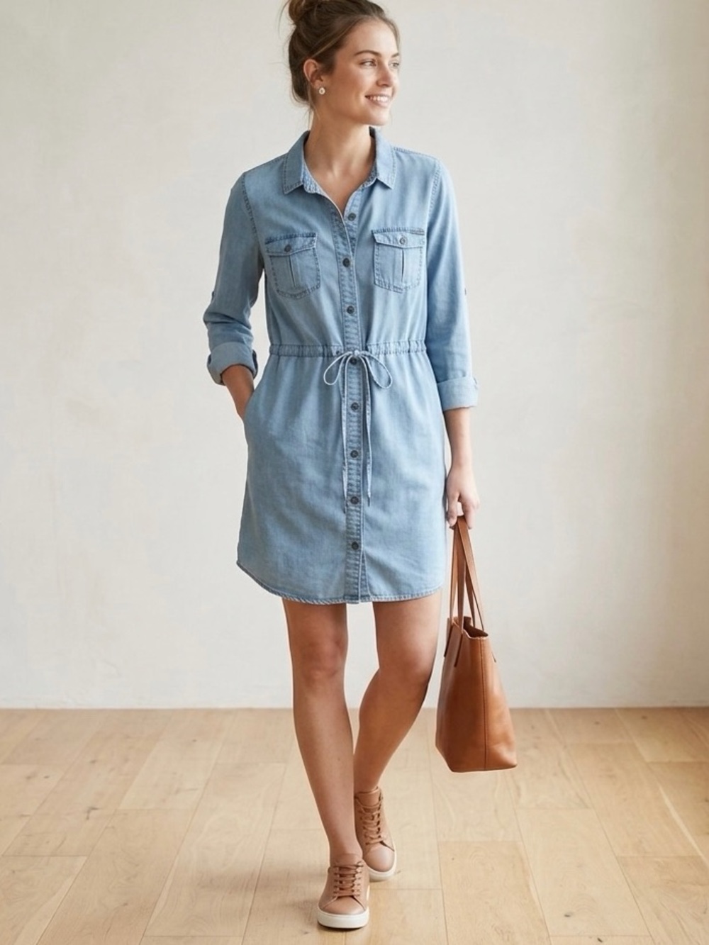 Jeaniologie  Blue Denim Shirt Dress with Drawstring Waist